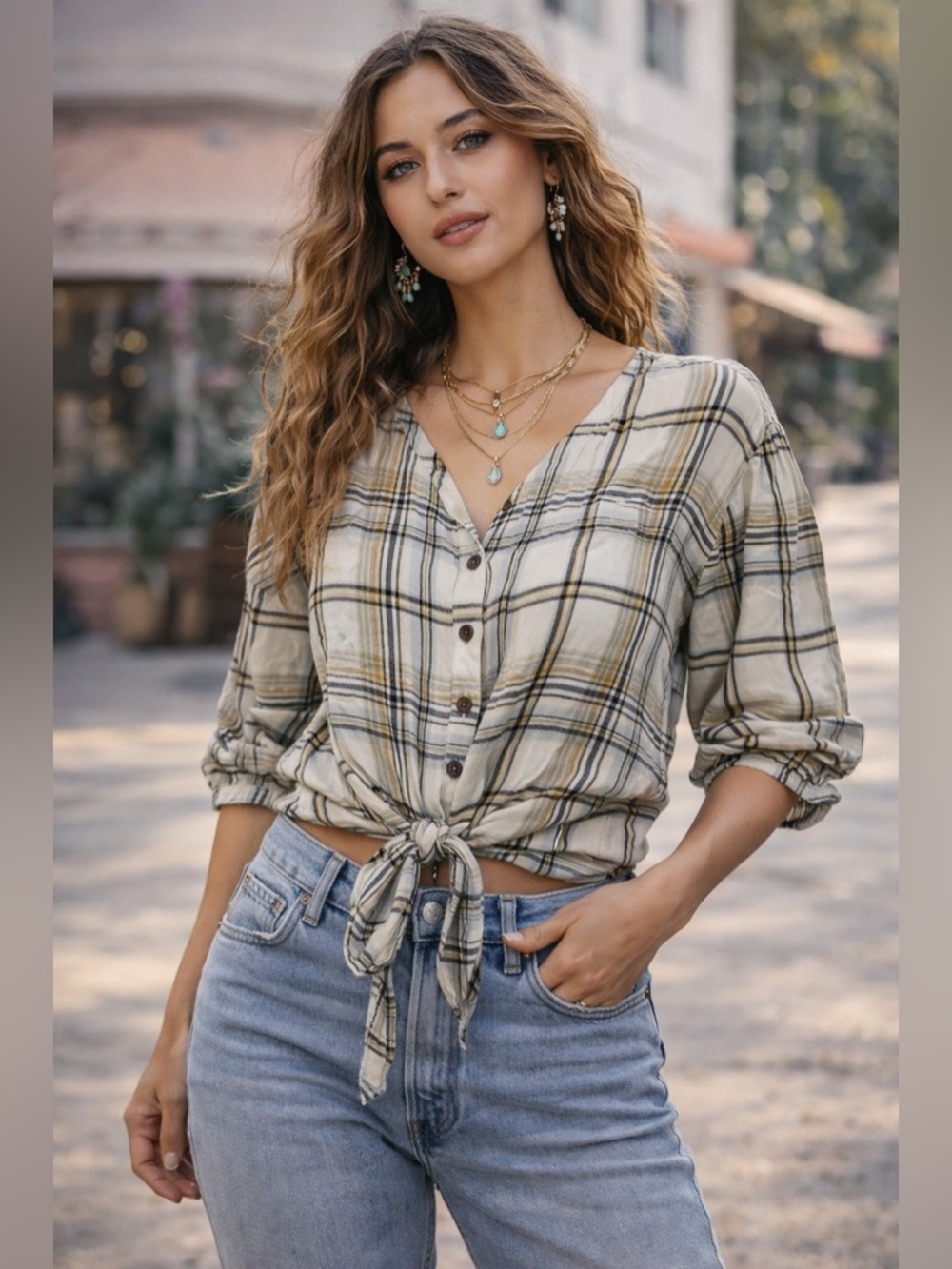 PAIGE Plaid Tie Front Crop Blouse Women’s Large Viscose Button Front Boho Top R